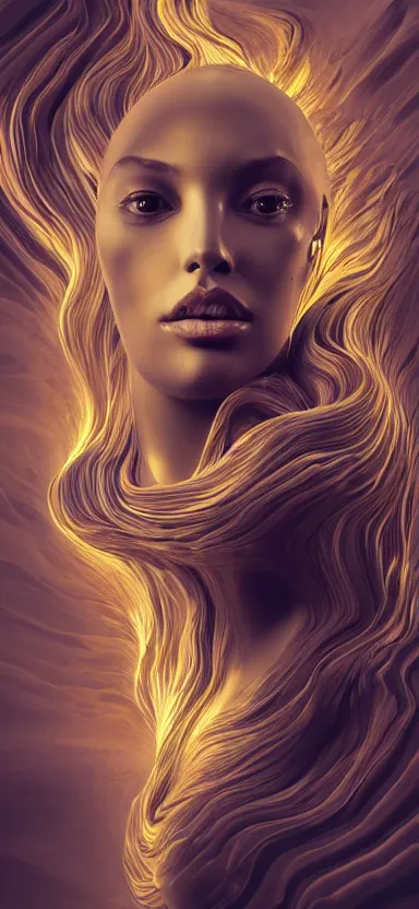 Prompt: epicillustration, abstract sculpture of beautiful female face and black swirling liquifying acrylic portrait, fluffy clouds, golden hour, beautiful light, 3 d sculpture of carving marble, dark colors, dark mood, one point lightning, golden spirals, epic matte painting, concept art, digital painting