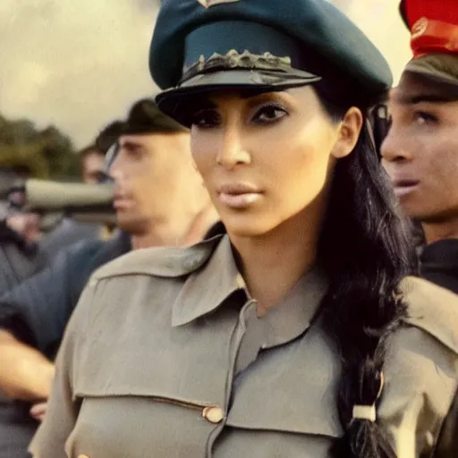 Prompt: film still of kim kardashian as a gunner, ww 3, associated press, 2 6 mm, kodak ektachrome, blue tint expired film.