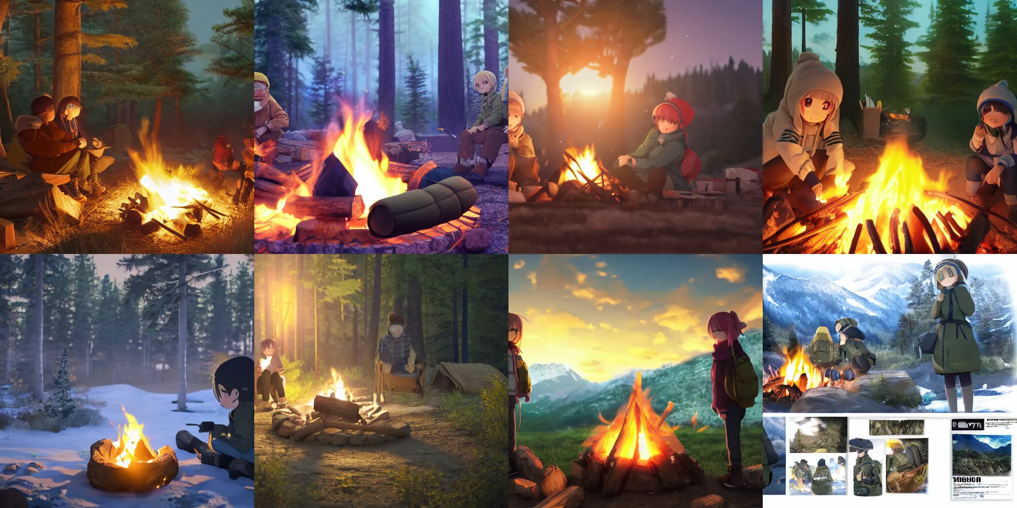 Prompt: yuru camp anime campfire trending on artstation cinematic lighting, highly realistically detailed, trending on pixiv , Unreal Engine 4k