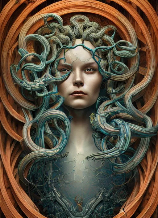 Prompt: medusa, wooden art nouveau swirls, strong subsurface scattering, cables, biomechanical, in the style of james jean and tomasz alen kopera, mystical colors, rim light, soft lighting, 8 k, stunning scene, raytracing, octane render, trending on artstation