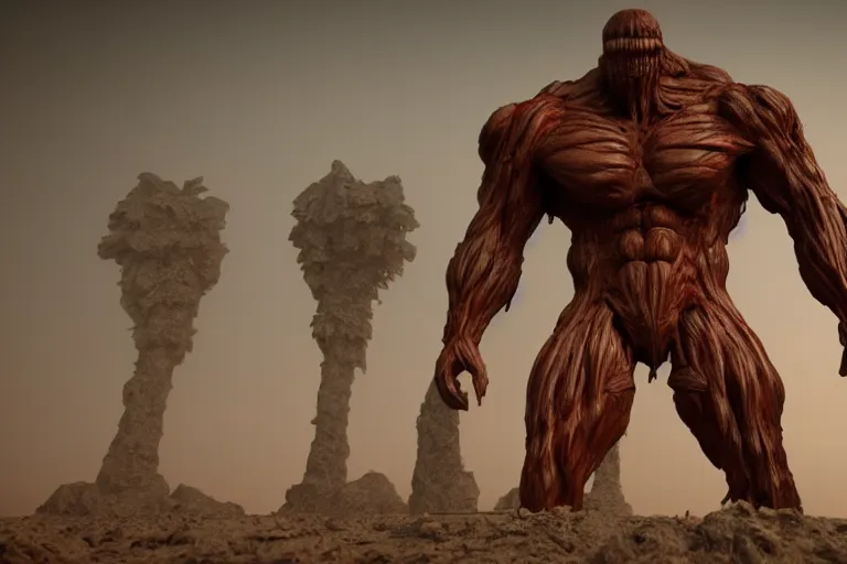 Prompt: a giant horrific titan in the distance, made of flesh and muscles, 3 d render, blender,