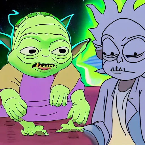 Image similar to Baby Yoda meets Rick Sanchez in Rick and morty digital art 4k detailed super realistic