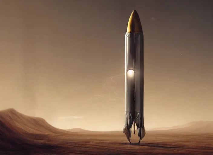 Prompt: a silver vintage and minimalist rocket has landed in a desert, by jean delville and sophie anderson and mandy jurgens, moody atmosphere, cinematic atmospheric, cinematic lighting, golden ratio, perfect composition, elegant, no crop, extremely detailed, 4 k, hd, sharp focus, masterpiece, trending on artstation