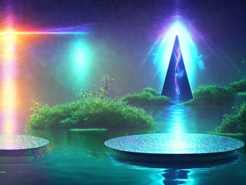 Image similar to beautiful oil on canvas of one beautiful magical gleaming holographic portal to another world, in a lake, opening under the water, magical, ethereal, sci - fi, art, 8 k render octane high definition