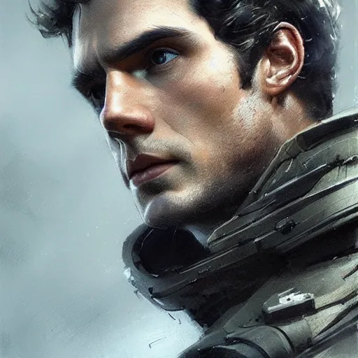 Image similar to “Portrait of Henry Cavill by Greg Rutkowski, he is about 20 years old, norwegian, short blond hair, young, manly, attractive, strong, older brother vibes, he is wearing futuristic military fatigues, highly detailed portrait, scifi, digital painting, artstation, concept art, smooth, sharp foccus ilustration, Artstation HQ”