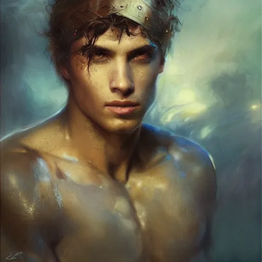 Image similar to handsome portrait of a young guy fitness posing, war hero, adventure, radiant light, caustics, reflective water, by gaston bussiere, bayard wu, greg rutkowski, giger, maxim verehin