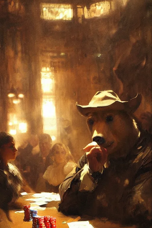 Prompt: portrait of professional gambling bear in the club by anders zorn, wonderful masterpiece by greg rutkowski, beautiful cinematic light, by greg manchess, jessica rossier