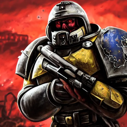 Image similar to heavy armor soldier wearing space marine like armor but in real life, walking in a river of blood full of human bloody dead bodies and human parts, shooting with his gun, explosions in background, painting style