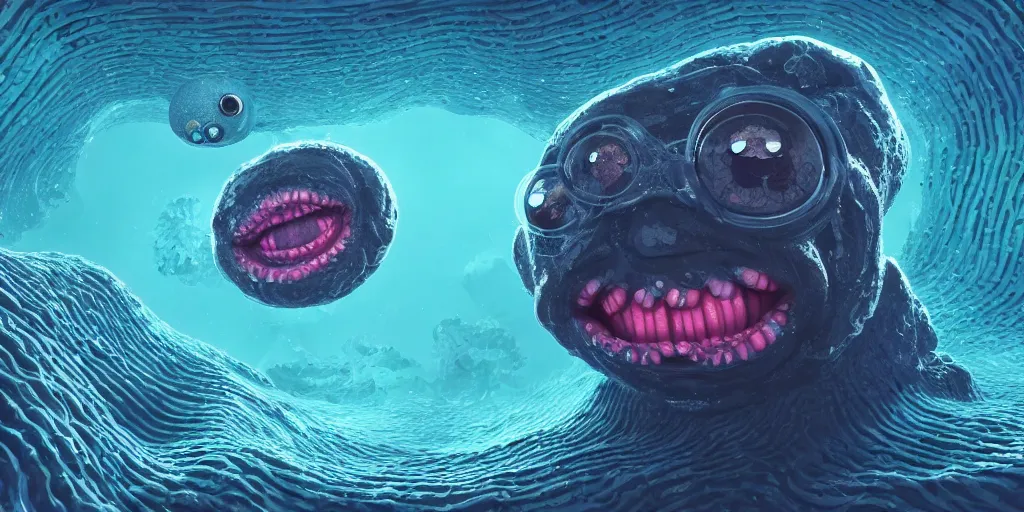 Image similar to of an intricate deep sea with strange cute friendly happy creatures with huge eyes, long tongue, round teeth and goofy funny face, appearing from the background, in the style of gehry and gaudi, macro lens, shallow depth of field, ultra detailed, digital painting, trending artstation, concept art, illustration, cinematic lighting, photorealism, epic, octane render