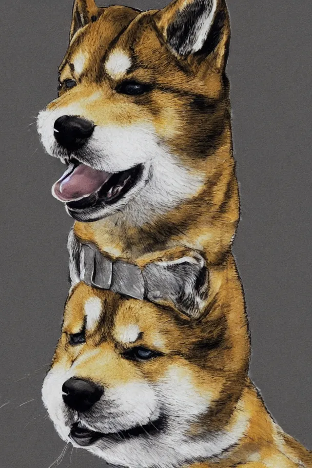 Prompt: a portrait of a shiba inu, in the style of yoji shinkawa artistic, highly detailed