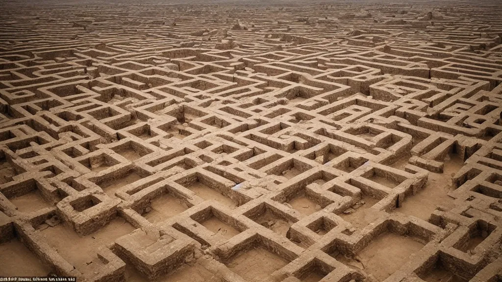 Image similar to surreal ancient ruins of a giant maze in the desert, photography by zhang kechun