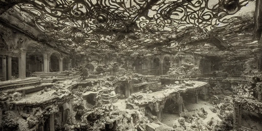 Image similar to mc donald's ruins underwater, wide shot, intricate details, caustics