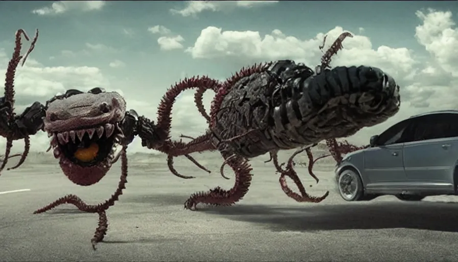 Prompt: Big budget horror movie about a robotic worm monster eating a car