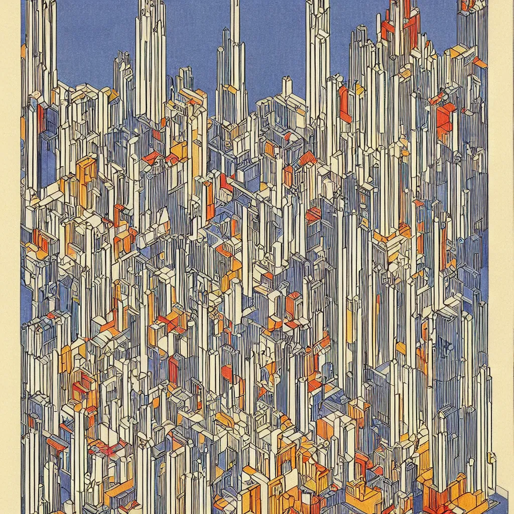 Image similar to isometric artdeco cathedral by frank lloyd wright, isometric, painted by piet mondrian