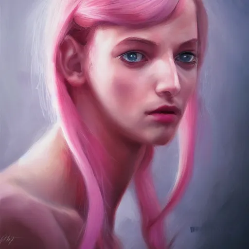 Prompt: portrait of a woman, inspired by mandy jurgens, pink eyes, pink hair, flower dress, focus