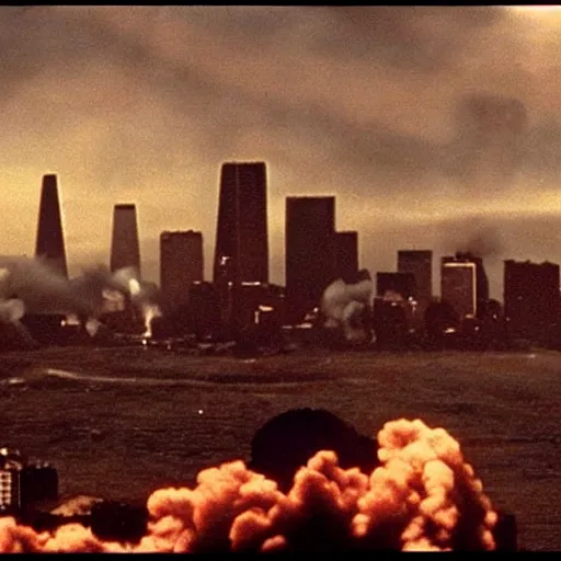 Image similar to nuclear bomb destroying san francisco, movie still, moody