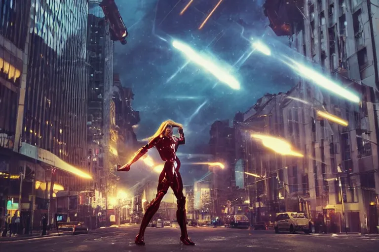 Image similar to vfx marvel sci-fi woman super hero robot photo real full body action pose, flying over city street cinematic lighting by Emmanuel Lubezki