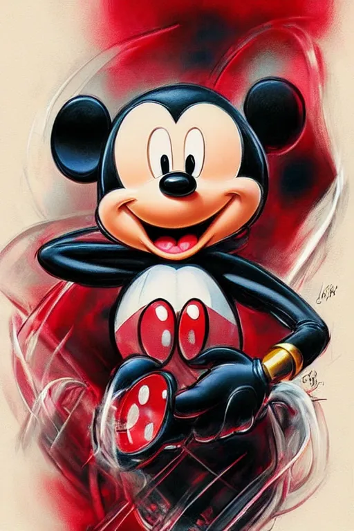 Prompt: Mickey Mouse as a heroine in black&red leather, intricate, elegant, highly detailed, centered, digital painting, artstation, concept art, smooth, sharp focus, illustration, art by artgerm and donato giancola and Joseph Christian Leyendecker, Ross Tran, WLOP, crack pipe