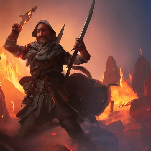 Image similar to adventurer with many weapons strapped to back surrounded by fire, D&D character, 4k, dramatic lighting, incredibly detailed