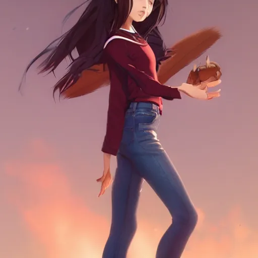 Image similar to Full body, clothed. realistic style at CGSociety by WLOP, Ilya kuvshinov, Krenz Cushart, Greg Rutkowski, trending on artstation. Realistic fantasy cute indigenous brunette Pixar-style young girl, expressing joy, silky hair, wearing a red-sleeved white t-shirt with jeans, she has fire powers, Cinematic dramatic atmosphere of a mystic forest, sharp focus, soft volumetric studio lighting.