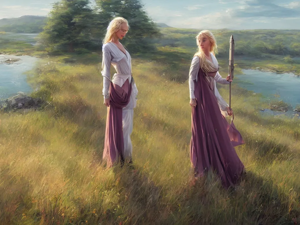 Prompt: blonde female jedi, Swedish countryside, landscape view, archipelago, painting by Vladimir Volegov, wlop, artstation