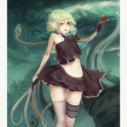 Image similar to cthulhu humanisation as a cute anime girl, by rossdraws, wlop, gil elvgren, enoch bolles