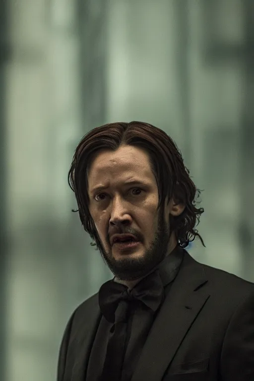 Image similar to A still of Sam Hyde as John Wick, close-up, sigma male, rule of thirds, award winning photo, unreal engine, studio lighting, highly detailed features, raining, ethereal lighting