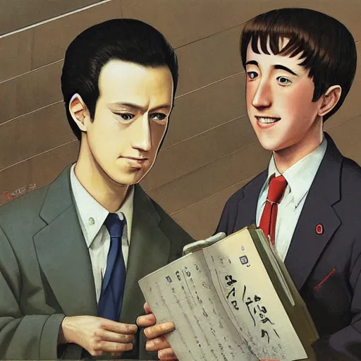 Image similar to anime joseph goebbels and mark zuckerberg by hasui kawase by richard schmid