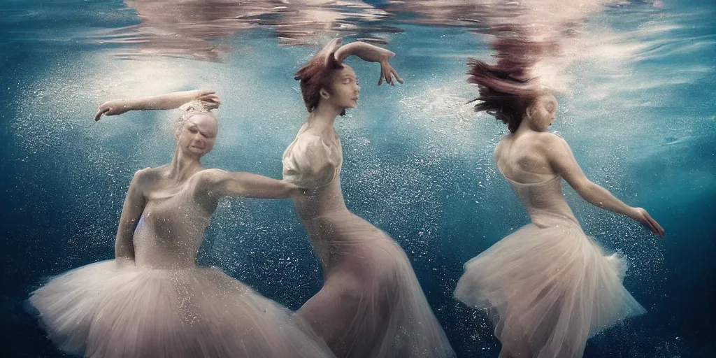 Prompt: underwater realistic photography of dancers with long gorgeous clothes , renaissance epic scene . Fluidity, elegance, beauty, water ocean cautic , ocean surface visible and water bubbles details rising up reaslitic undrwater background, high details. by CHRISTY LEE ROGERS