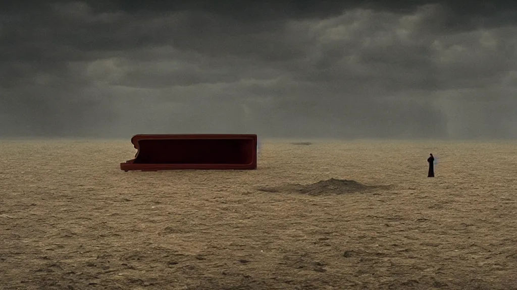 Image similar to the giant piano, made of water, film still from the movie directed by Denis Villeneuve with art direction by Zdzisław Beksiński, wide lens