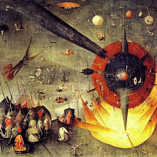 Image similar to A painting of a spaceship burning as it enters Earth's atmosphere, Hieronymus Bosch, sharp, colorful, detailed