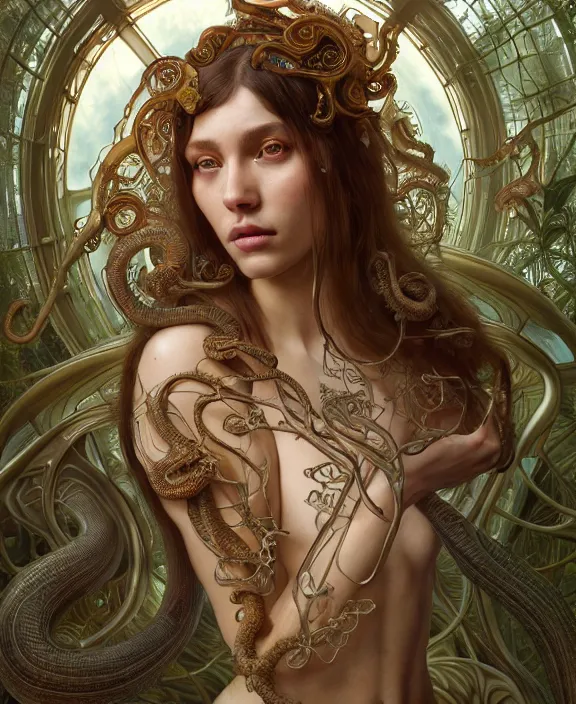 Image similar to intricate ornate opulent transparent clear see - through portrait of a horrific beautiful male human nautilus snake, adorable, childlike, overgrown biopunk jungle environment, ultra realistic, concept art, art nouveau, photorealistic, octane render, 8 k, unreal engine. art by christopher marley and artgerm and greg rutkowski and alphonse mucha