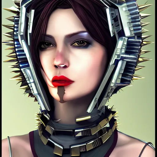 Image similar to an adult cyberpunk woman wearing large spiked punk collar, portrait, 4K, digital art, deviantart, artstation,