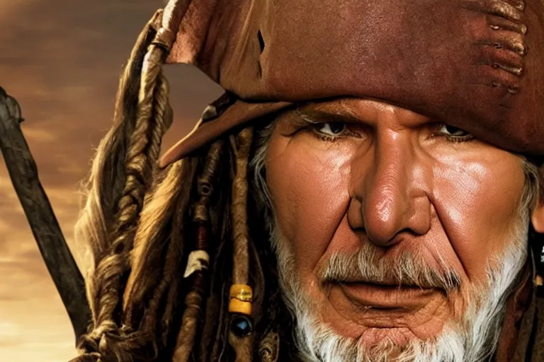 Image similar to promotional image of Harrison Ford as a pirate in the new Pirates of the Carribean movie, realistic, detailed face, movie still frame, promotional image, imax 70 mm footage