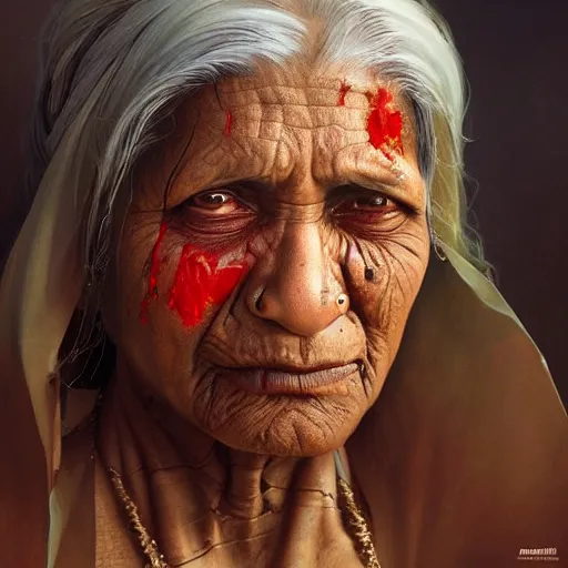 Prompt: portrait painting of a muscular bloodied indian old woman, ultra realistic, concept art, intricate details, eerie, highly detailed, photorealistic, octane render, 8 k, unreal engine. art by artgerm and greg rutkowski and alphonse mucha