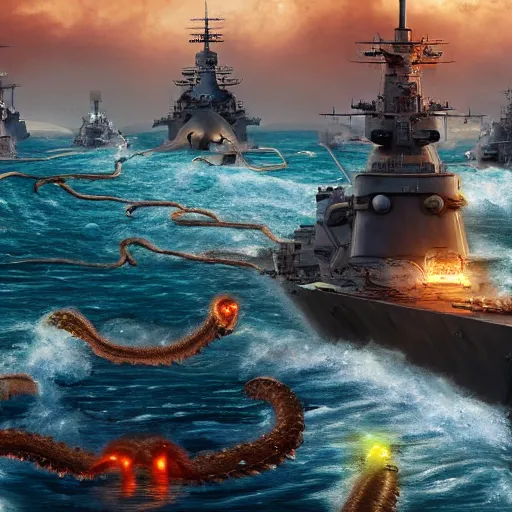 Prompt: A kraken attacking a fleet of battleships, 4k, highly detailed, artstation, in a luminist style, matte painting