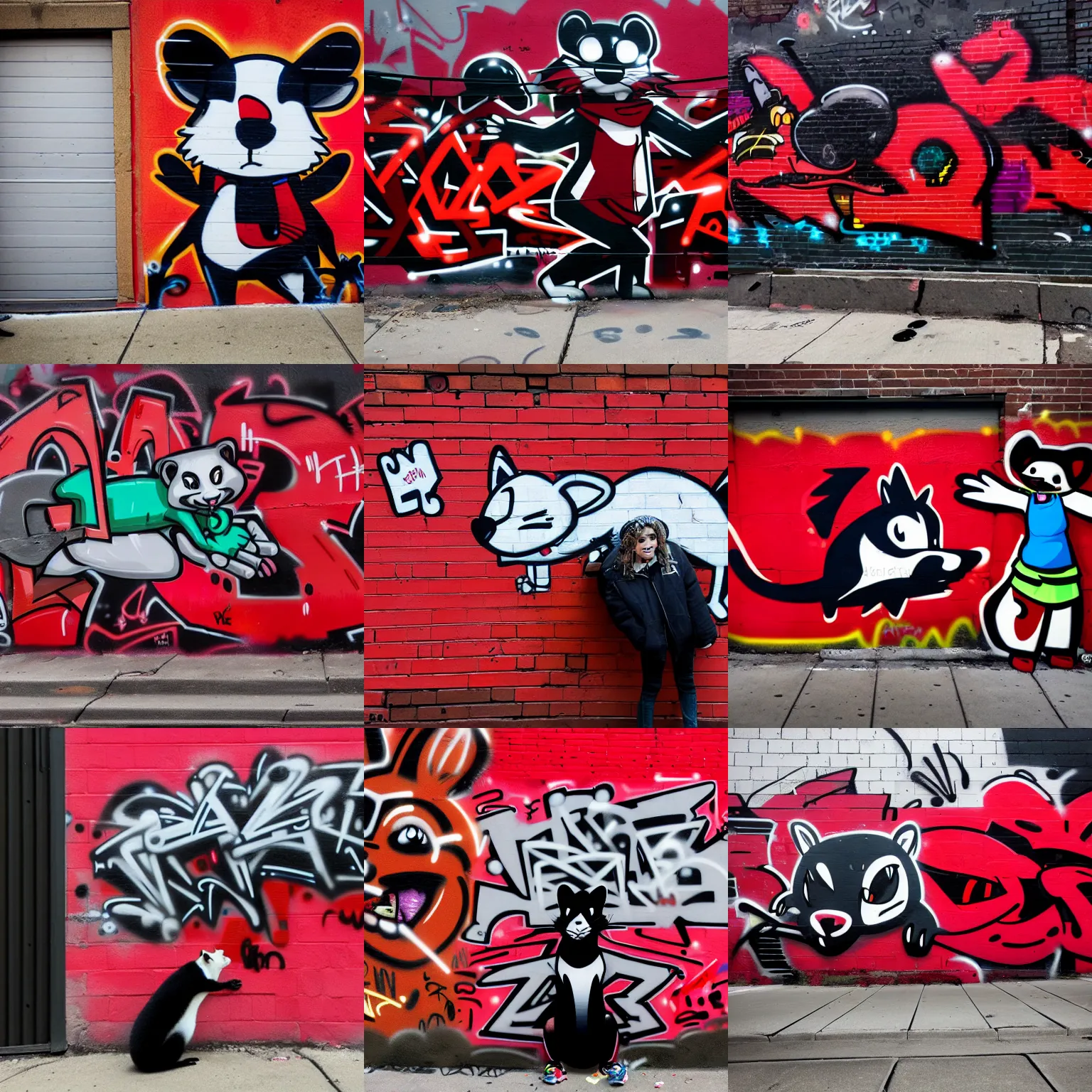 Prompt: photo [ far ], subject [ furry _ fandom _ fursona _ original _ character ( red - black, anthropomorphic _ humanoid _ furry, weasel - ferret - stoat ) ], medium [ graffiti, wall ], location [ chicago ( alley ) ]