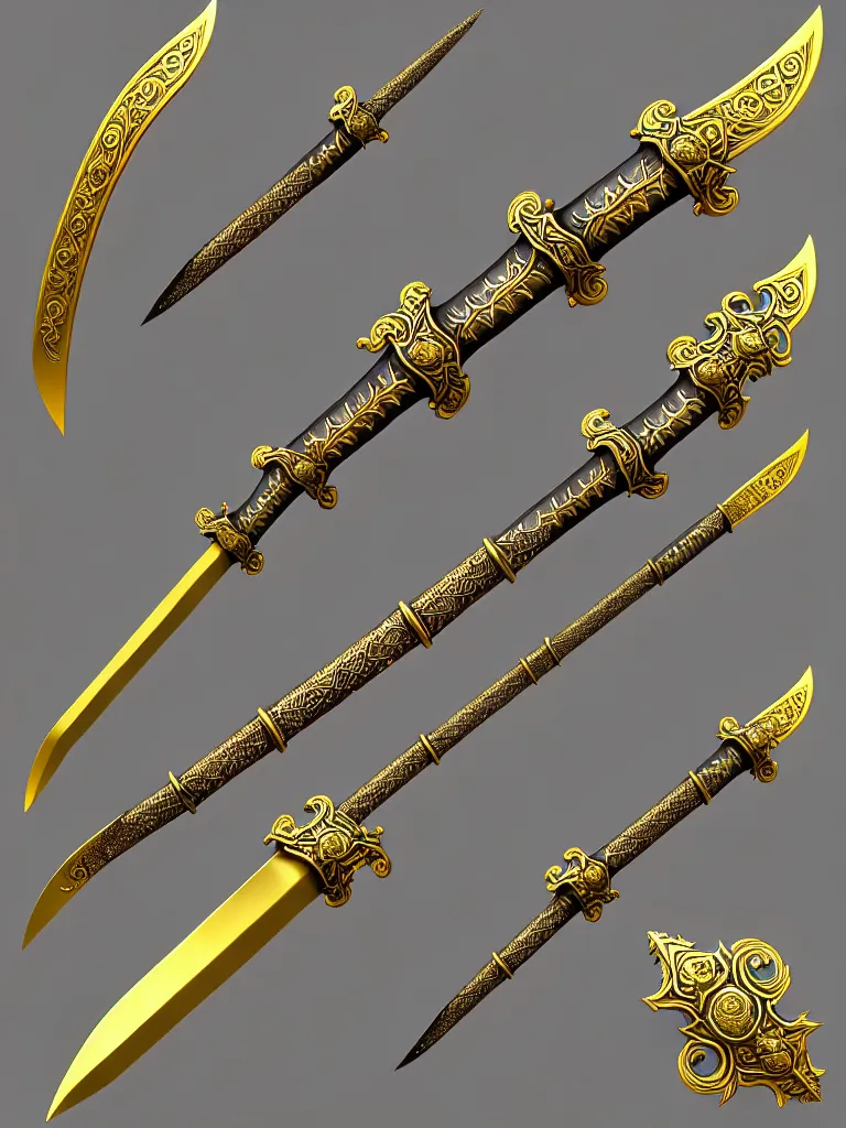 Prompt: ornate magic long sword, proportional image, clean background, 3 d octane render, blade, sharp, gold, gems, cryptoblades