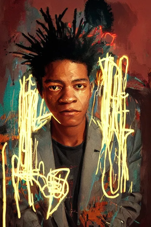 Image similar to portrait of jean basquiat, intricate, elegant, glowing lights, highly detailed, digital painting, artstation, sharp focus, illustration, art by wlop, mars ravelo and greg rutkowski