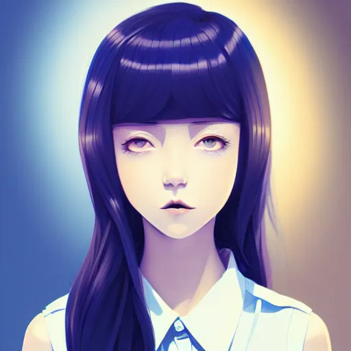 Image similar to urban high school girl in shirt fanart, dark blue long hair, muted colors, matte print, pastel colors, ornate, digital art, digital painting, fan art, elegant, artstation, by Ilya Kuvshinov