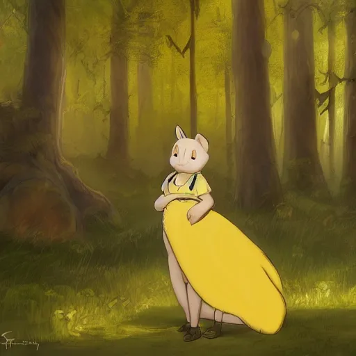 Image similar to concept art painting of an anthropomorphic chubby doe wearing yellow dress, in the deep forest, realistic, detailed, cel shaded, in the style of makoto shinkai and greg rutkowski and james gurney