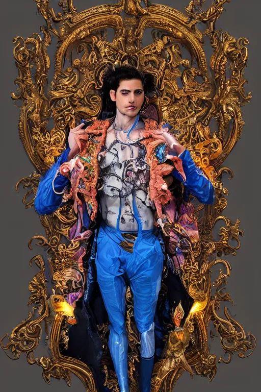 Image similar to full-body bladerunner style sculpture of a young handsome Colombian prince as a half cibernetic android with a chest opening exposing circuitry and electric sparks, glowing pink eyes, crown of blue flowers, flowing salmon-colored silk, fabric, raptors. baroque elements. full-length view. baroque element. intricate artwork by caravaggio. many many birds birds on background. Trending on artstation, octane render, cinematic lighting from the right, hyper realism, octane render, 8k, depth of field, 3D