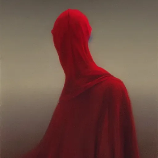 Image similar to cloaked in red, side profile, trending on artstation, 8 k, by gerard brom and zdzisław beksinski