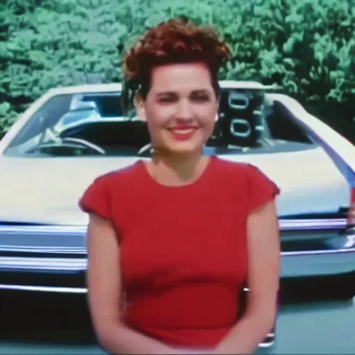 Image similar to vintage 90s VHS video still of a woman on a commercial promoting a new 90s car, realistic photo