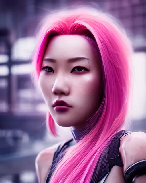 Image similar to portrait of a beautiful asian woman with pink hair as a cyberpunk cyborg half robot, sci - fi, missing panels, intricate abstract upper body intricate artwork, concept art, octane render, deviantart, cinematic, key art, hyperrealism, iridescent accents, portrait photograph, nikon 3 5 mm, photograph by greg rutkowski