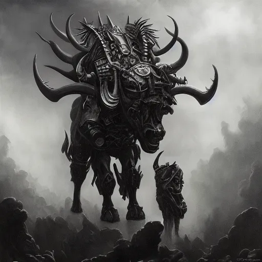 Image similar to By Tom Bagshaw and Boris Vallejo, ultra realist soft painting of a warzone by night, Gothic armored Minotaur, horror, omnious sky, symmetry accurate features, very intricate details, black and white, volumetric light clouds