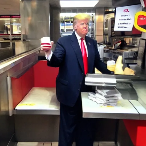 Prompt: Paparazzi photo of Donald Trump working at Mcdonalds