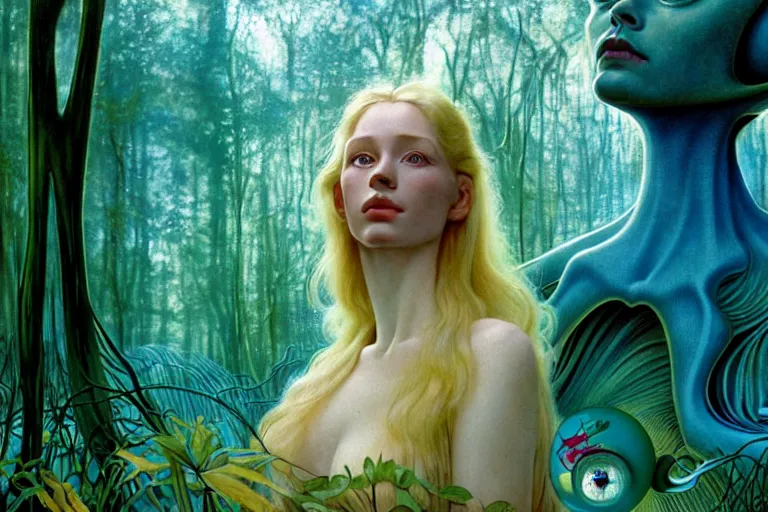 Image similar to realistic detailed photorealistic film portrait shot of a beautiful blond woman with an alien in a futuristic forest by Denis Villeneuve, Amano, Yves Tanguy, Alphonse Mucha, Ernst Haeckel, Andrei Tarkovsky, Edward Robert Hughes, Roger Dean, rich moody colours, wide angle, blue eyes