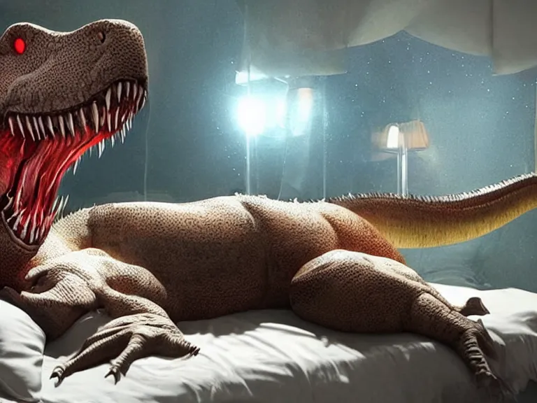 Image similar to sleeping!!!!! t - rex in bed!!!!!, ultra realistic, lens flare, atmosphere, glow, detailed, intricate, full of colour, cinematic lighting, trending on artstation, 4 k, hyperrealistic, focused, extreme details, unreal engine 5, cinematic, masterpiece