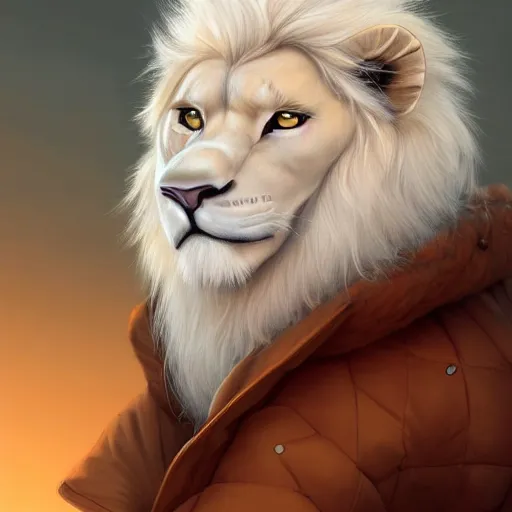 Image similar to aesthetic portrait commission of a albino male furry anthro lion wearing a cute orange colored cozy soft pastel winter outfit, detailed face , hyperdetailed, autumn atmosphere. Character design by charlie bowater, ross tran, artgerm, and makoto shinkai, detailed, inked, western comic book art, 2021 award winning painting